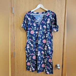 Ekouaer Navy Blue Floral nursing short sleeve nightgown w/ pockets Size M